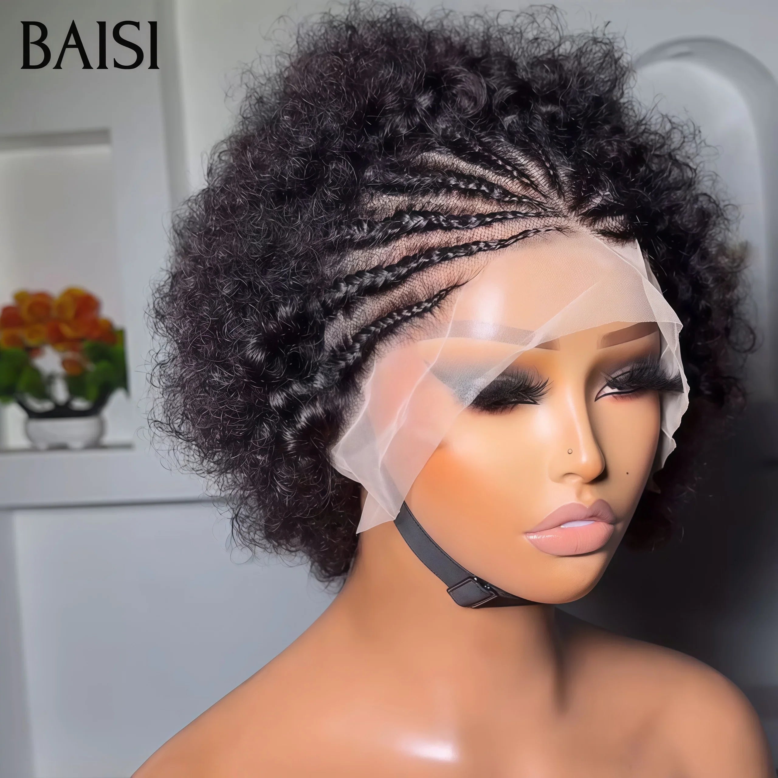BAISI 13X4 lace perruque afro curl wave Petite natte frisé frontale lace 100% cheveux humains BS60
