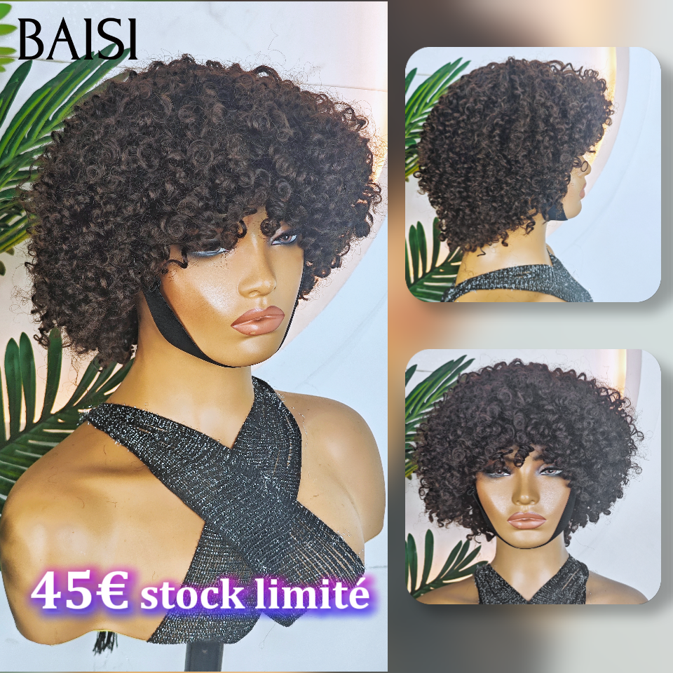 BAISI Perruque pixie 45€ curly Wave avec Frange petite coupe fabriqué à la machine En 100% Cheveux Humains