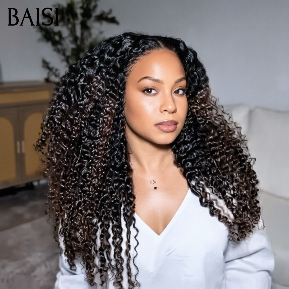 BAISI perruque Upgrade Invisible Strap 360 lace curly wave en couleur NOIR Mixte Marron 360 invisible Pas Besoin de Colle 250% densité Respirant et confortable en 100% Raw Hair Lace déjà couper