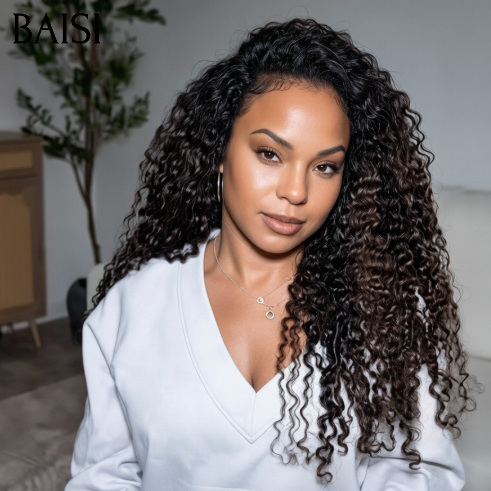 BAISI perruque Upgrade Invisible Strap 360 lace curly wave en couleur NOIR Mixte Marron 360 invisible Pas Besoin de Colle 250% densité Respirant et confortable en 100% Raw Hair Lace déjà couper