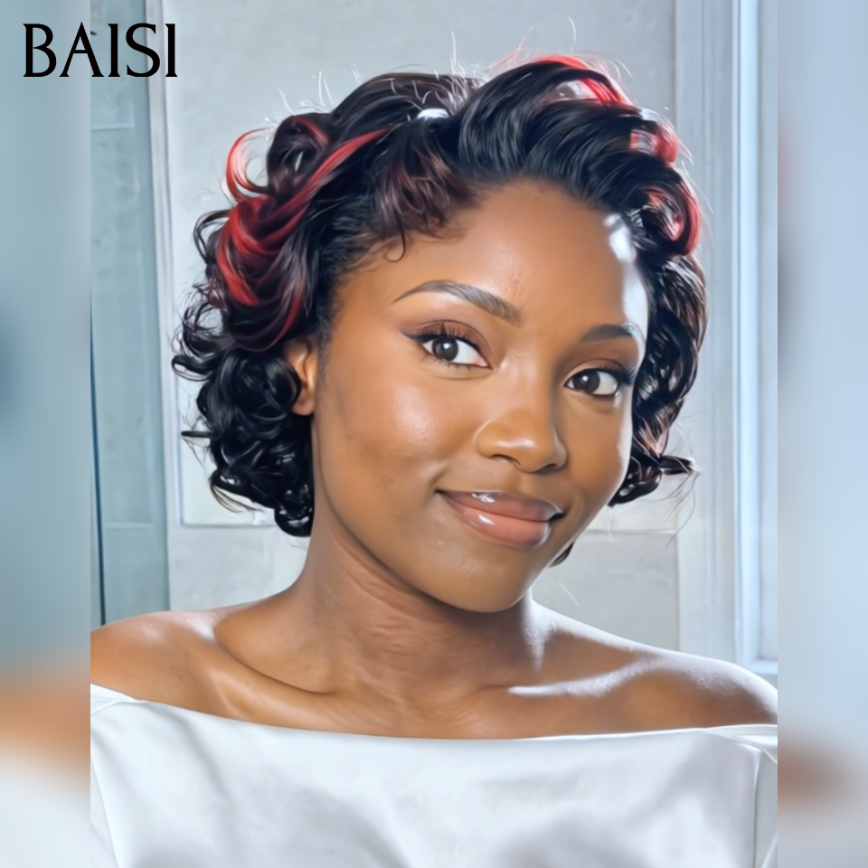 BAISI Perruque Pixie bouclé jolie coupe 52€ Moitié Prix NOIR Mixte Bordeaux 99J# En 100% Vrais Cheveux Humains MP50