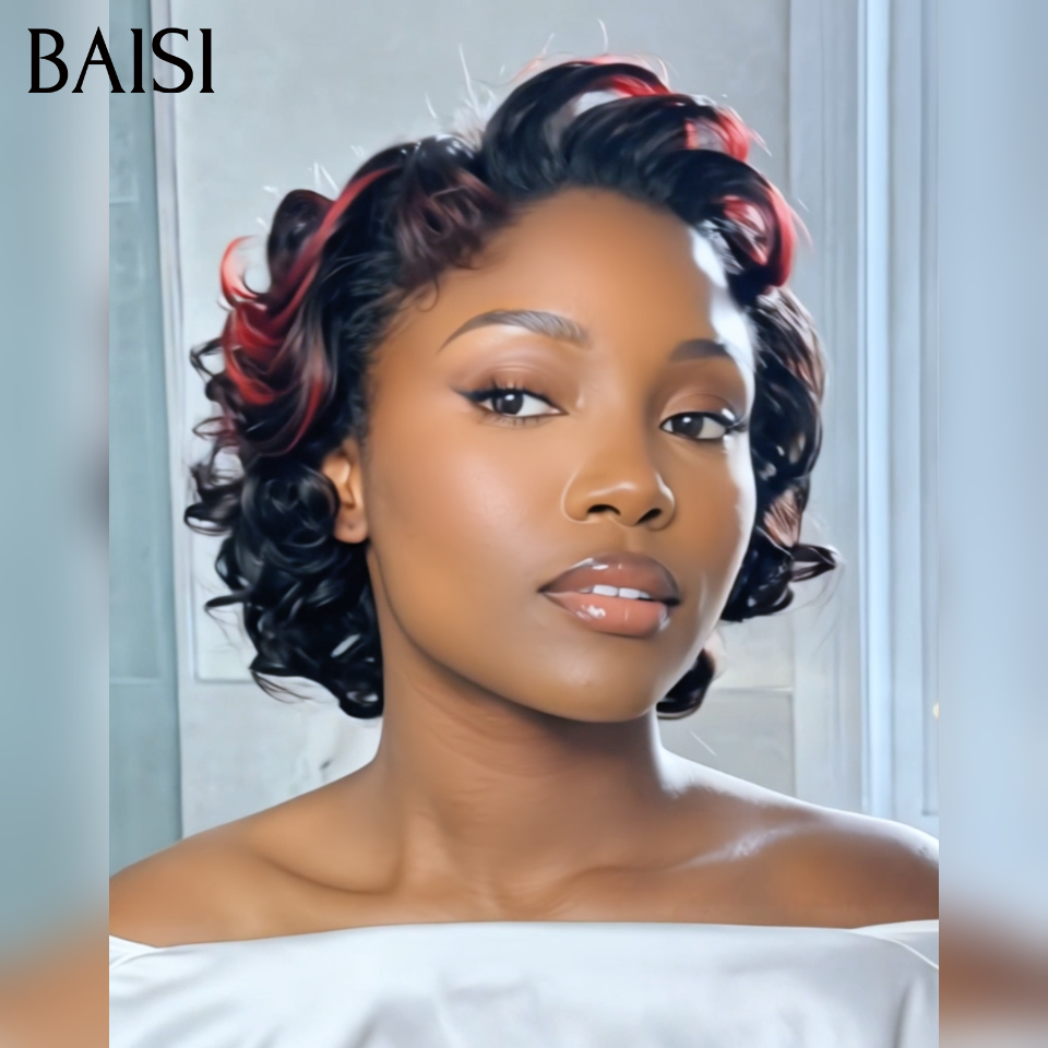 BAISI Perruque Pixie bouclé jolie coupe 52€ Moitié Prix NOIR Mixte Bordeaux 99J# En 100% Vrais Cheveux Humains MP50