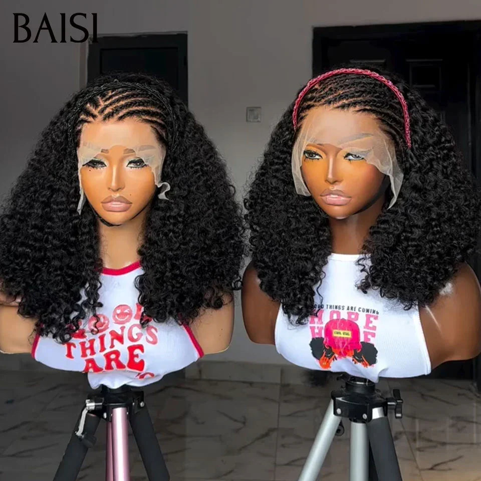 BAISI Fashionable Braided 13x4 Lace Frontal Curly Wig in black color in 100% Human Hair code: FR38