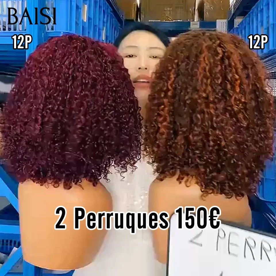 BAISI 2 Perruques pour revendre 150€ 4X4 lace Bob curly wave 12 pouces couleur 99J# et 4/350# en 100% vrais cheveux humains BS65