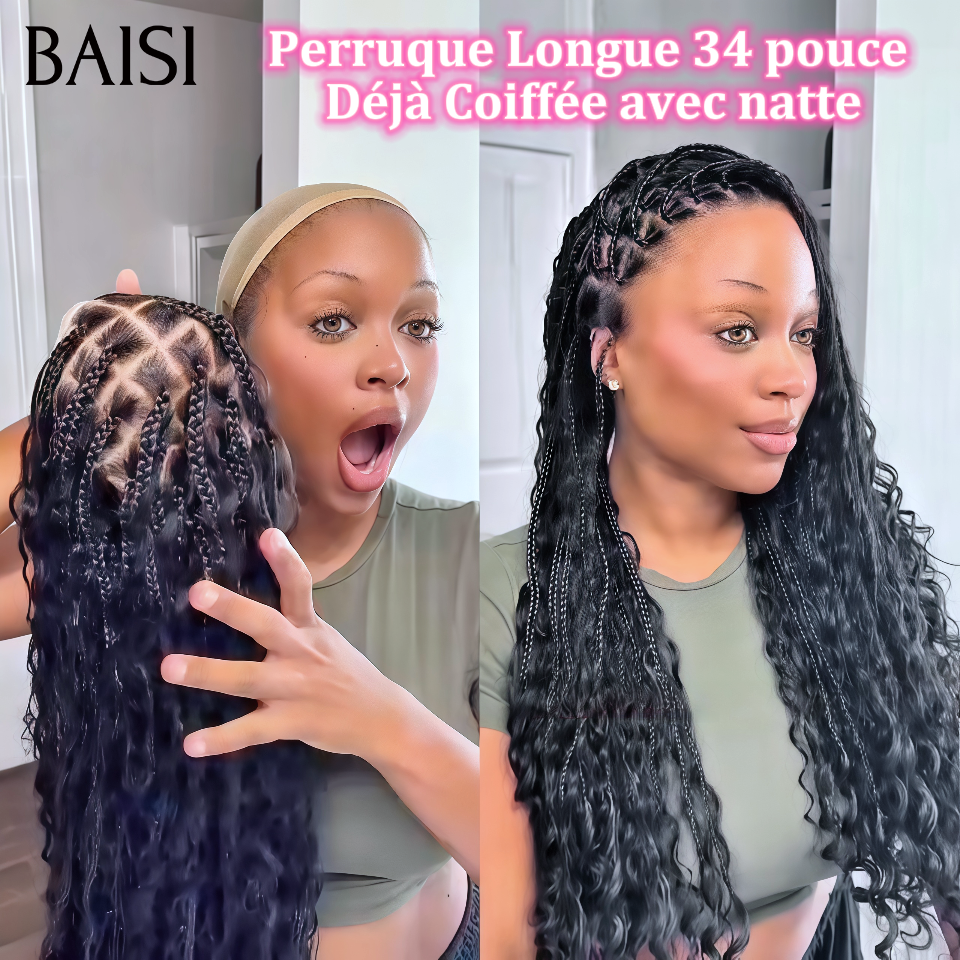BAISI Perruque Longue 34 pouce nouveaux produits full lace noir naturel Déjà Coiffée avec natte
