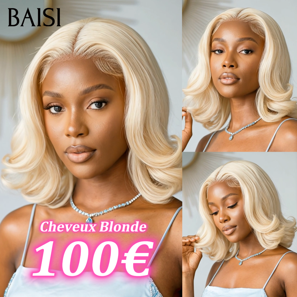 BAISI 13x4 lace frontal Perruque Bouclée Egg Wave 100€ 12 Pouces en couleur blonde 613# En 100% Cheveux Humains