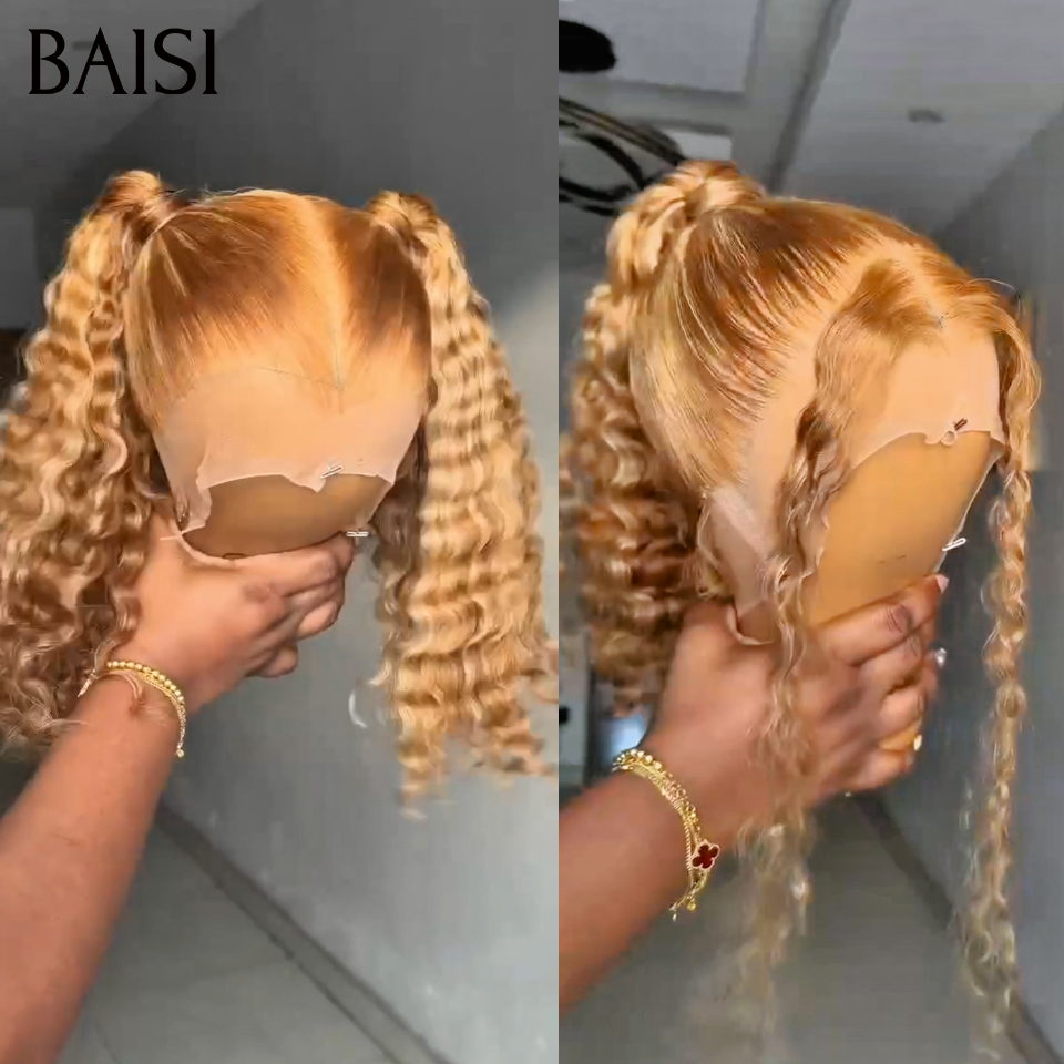 Perruque coiffée 20 pouce 149€ 13x4 lace frontal curly wave avec Queue de Cheval natte en couleur Miel en 100% Cheveux Humains