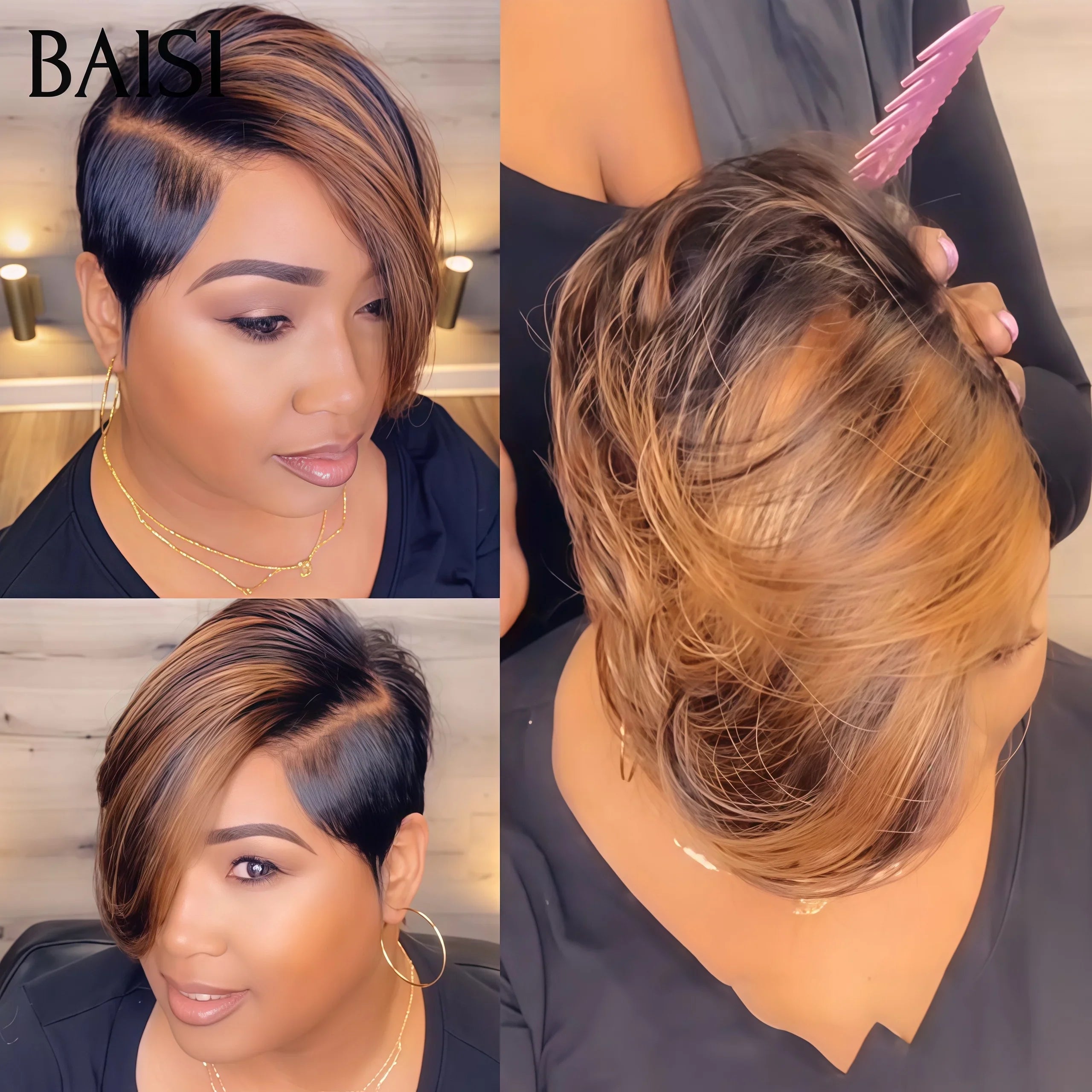 BAISI Wavy Wig Pixie Cut Full Lace Finger Wave small cut in Black Color in 100% human hair BS50