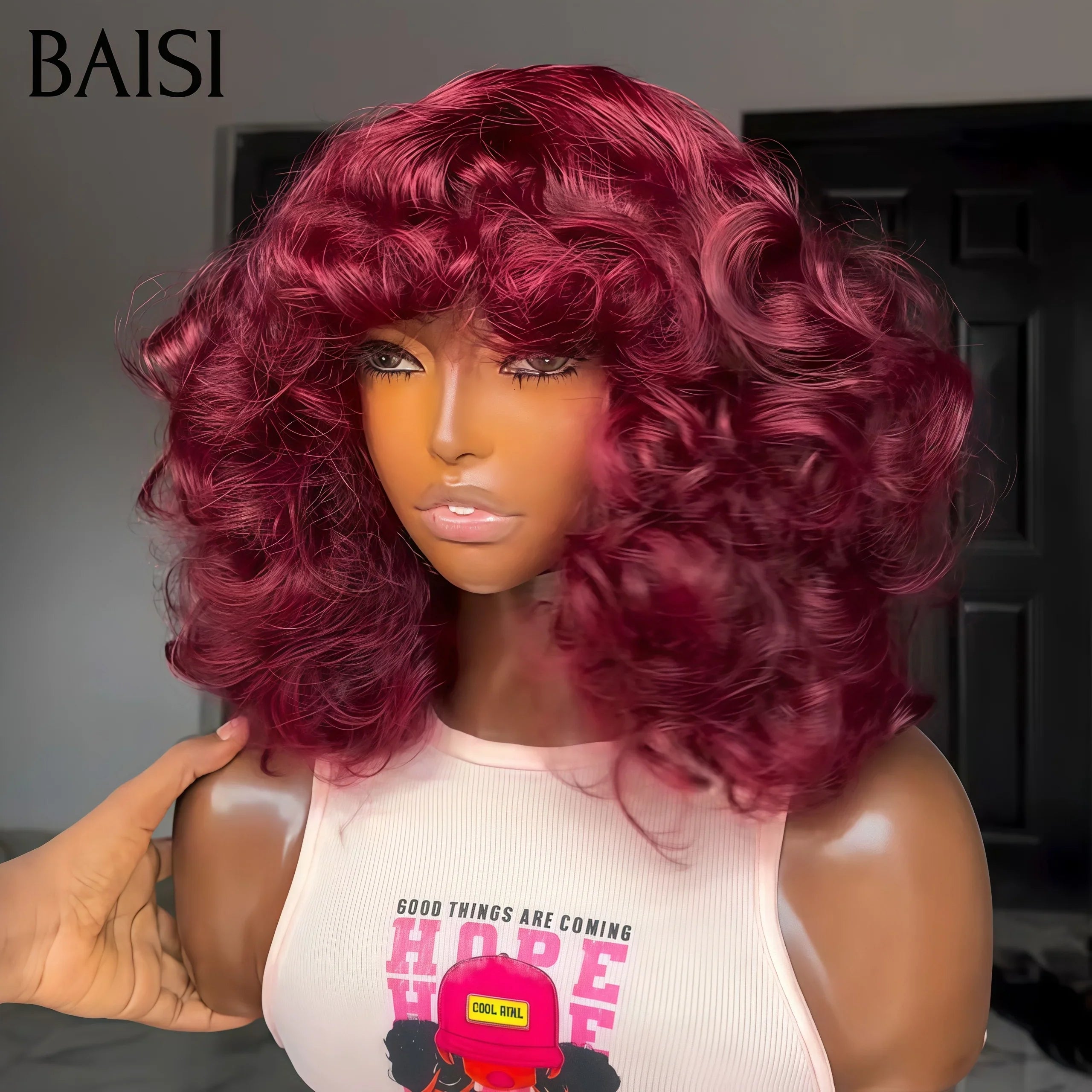 Oferta Flash BAISI 65€ Peluca Bob EGG ondulada con Flequillo en Negro Sin Encaje en Cabello 100% Humano BS65