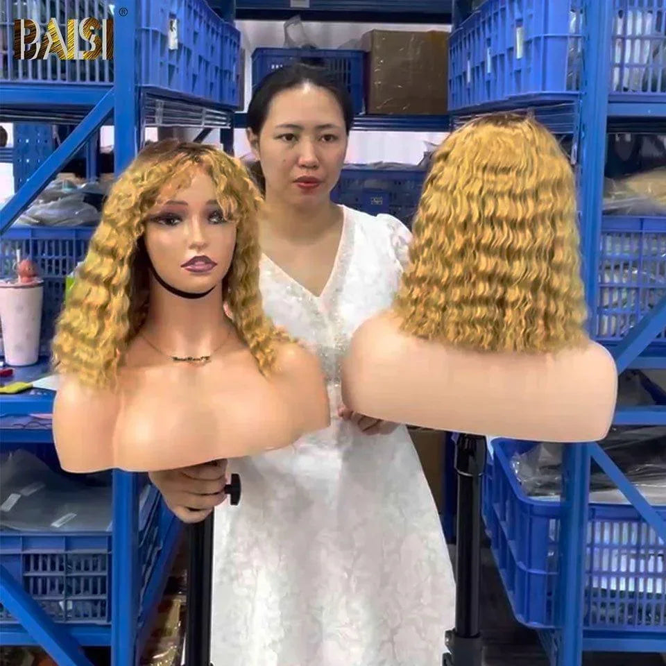 BAISI 4x4 lace closure water wave Bob 14 Pouces 100€ ou Perruque Bouclée Deep Wave avec Frange 12 Pouces en Couleur #4T#27 en 100% Cheveux Humains