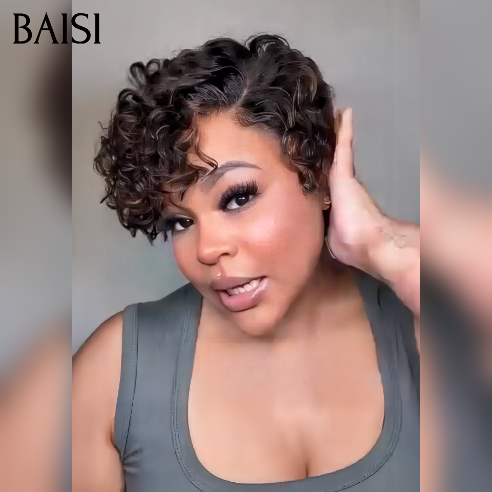 Promotion pixie 13x4 lace frontal Perruque boucle 8 Pouce 68€ BOB en couleur mixte Marron en 100% Cheveux Humains