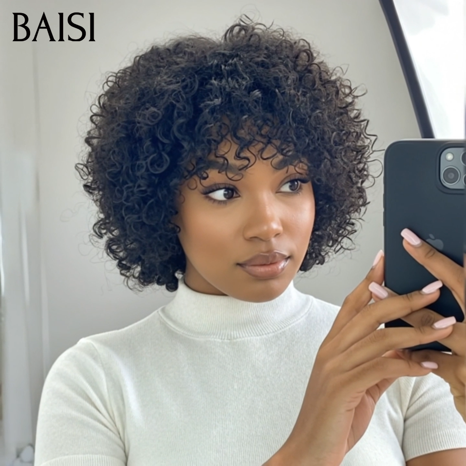BAISI Prix Perruque Pixie Afro Curl sans lace bouclé partout Noir en 100% cheveux humains