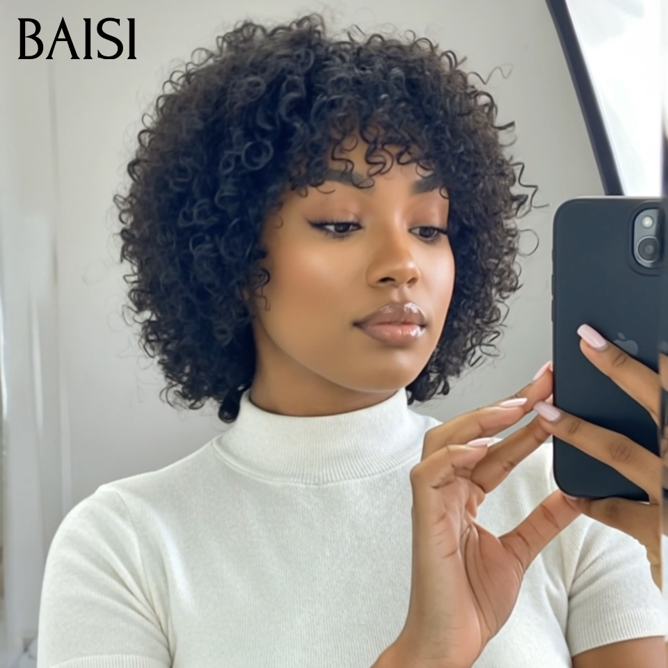 BAISI Prix Perruque Pixie Afro Curl sans lace bouclé partout Noir en 100% cheveux humains