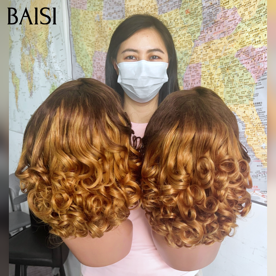 Promotion 13x4 lace frontal Perruque boucle egg wave 100% Vietnam Hair 14 Pouces 100€ BOB en couleur Marron 4T30# en 100% Cheveux Humains