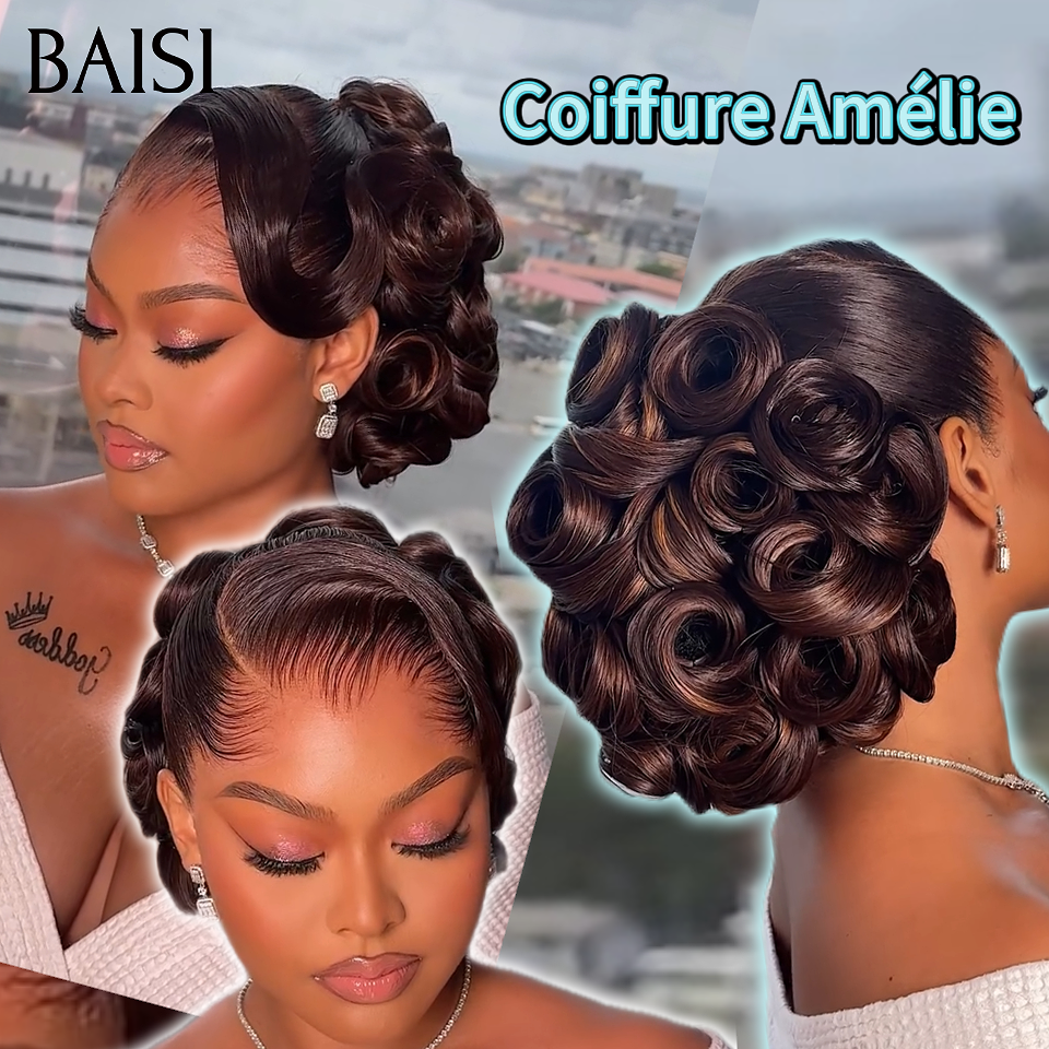 BAISI Coiffure de luxe Amélie Perruques Mariage noir Prête à porter chignon et personalisation comme sur la vidéo 100% identique avec lace frontale événement spécial