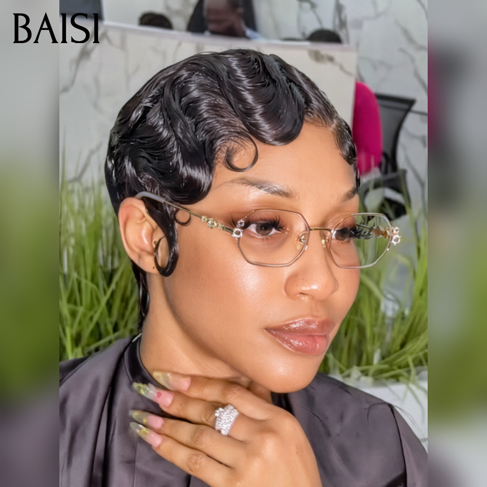 BAISI Perruque Pixie sans colle en couleur Noir water wave 46€ fabriqué à la machine ou 13x4 lace frontale 66€ en 100% cheveux humains