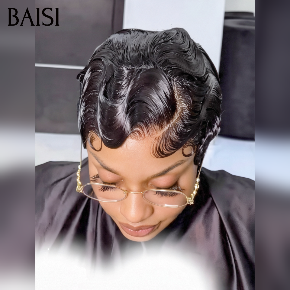 BAISI Perruque Pixie sans colle en couleur Noir water wave 46€ fabriqué à la machine ou 13x4 lace frontale 66€ en 100% cheveux humains