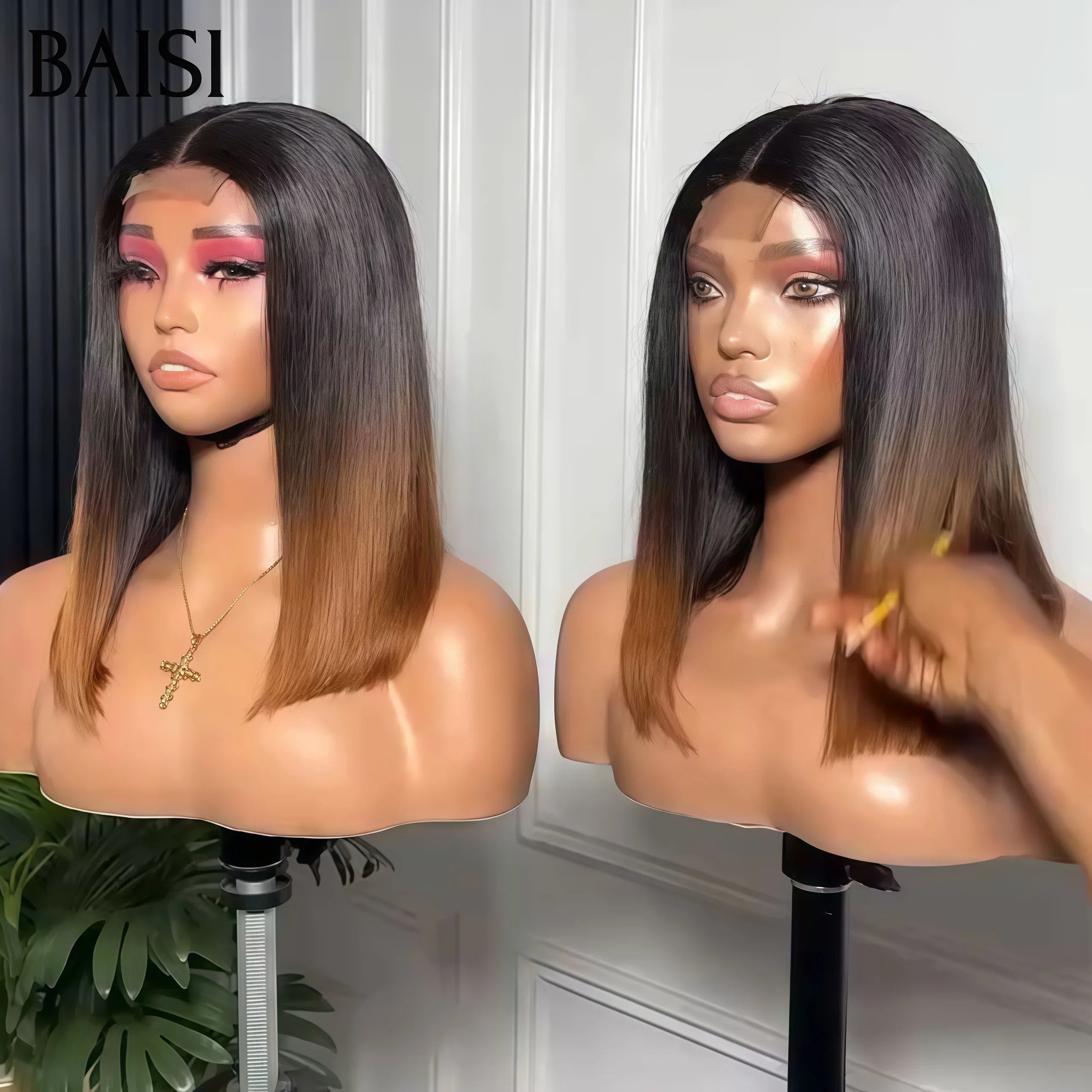 BAISI 2X6 perruque SDD BONE Straight 100% Vietnam Hair Lisse Bob Haute Qualité 250% Densité en couleur Marron 1BT4# en 100% Cheveux Humains MP50