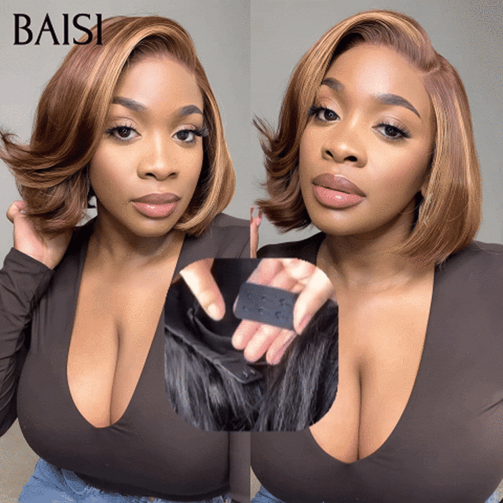 BAISI 13X4 Perruque Bob Lisse 8pouces 95€ En mixte sans colle taille standart réglable avec 3 grandeurs S , M , L 1 bonnet en 3 en 100% Cheveux Humains Pré-plucked Pas Besoin de Colle en 100% Raw Hair Lace déjà couper