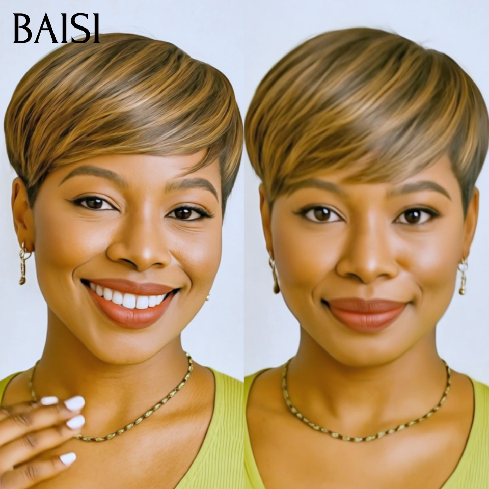 Vente flash Wear et Go 45€ Perruques pixie Lisse Mixte Miel Fabriqué à la Machine Facile à porter en 100% Cheveux Humains