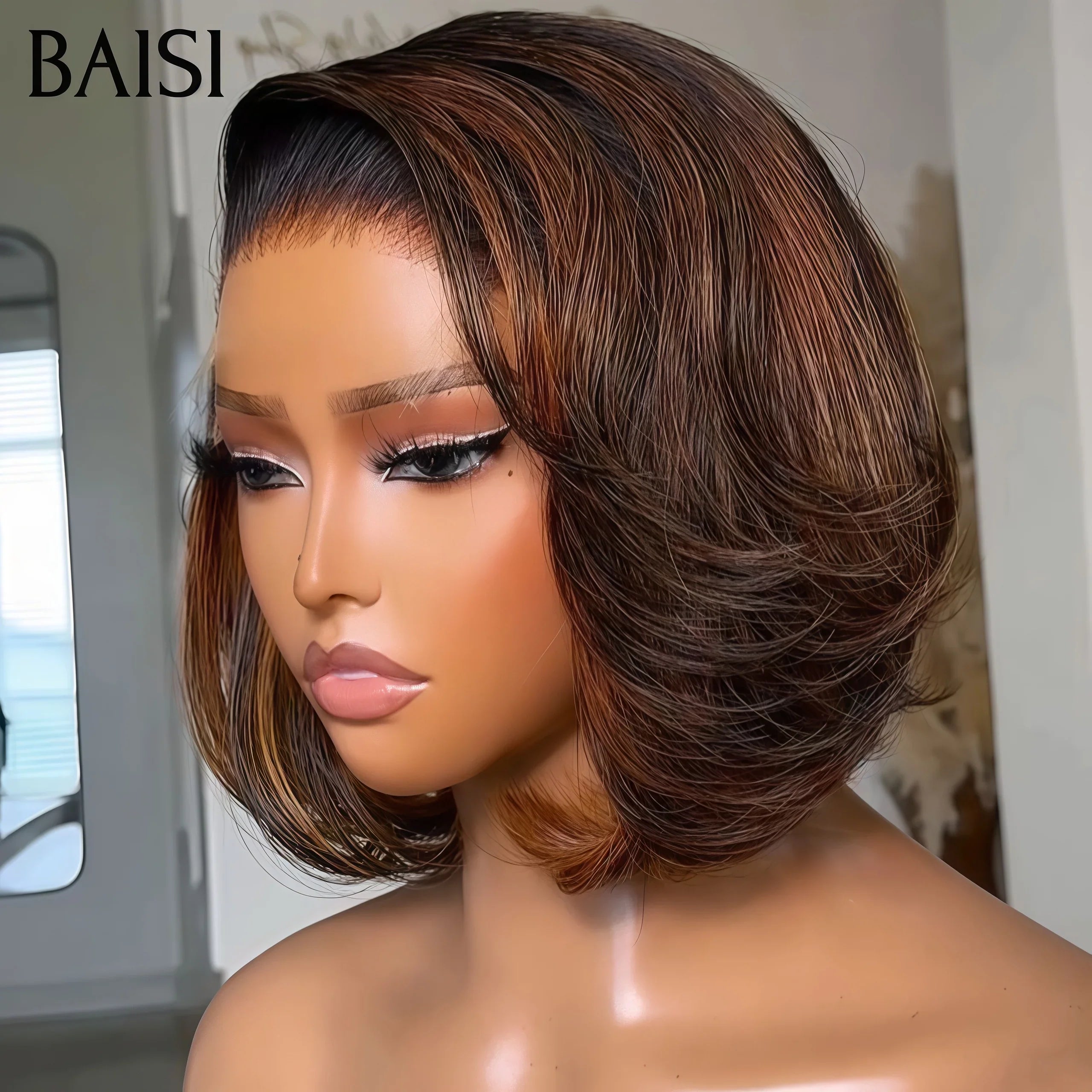 BAISI 4X4 lace Straight Bob Wig 8 Inches In BLACK color Mix Burgundy #1Bmxi#99J in 100% Raw Hair