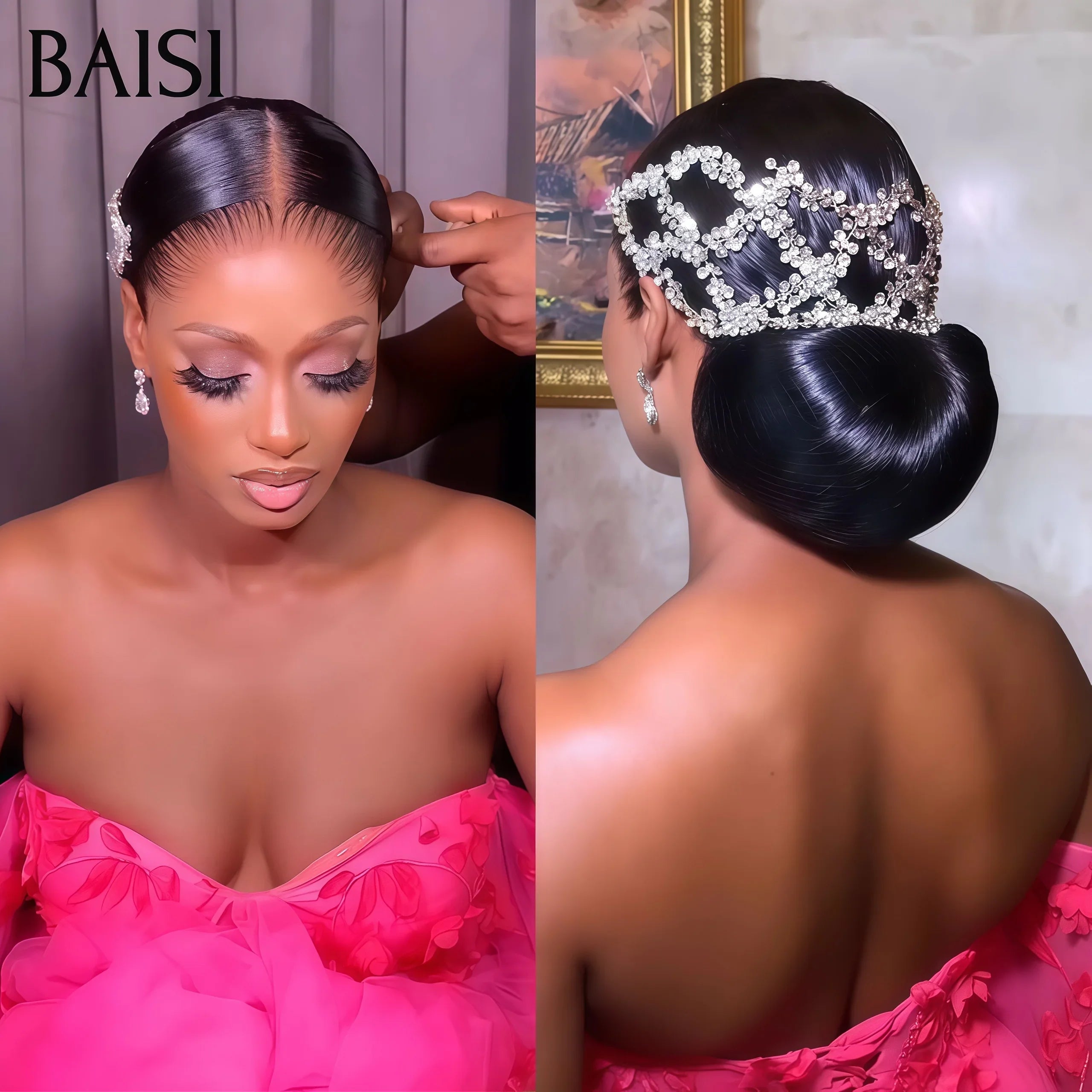 BAISI Coiffure de luxe Yuri Perruques Mariage noir Prête à porter chignon et personalisation comme sur la vidéo 100% identique avec lace frontale événement spécial BS120