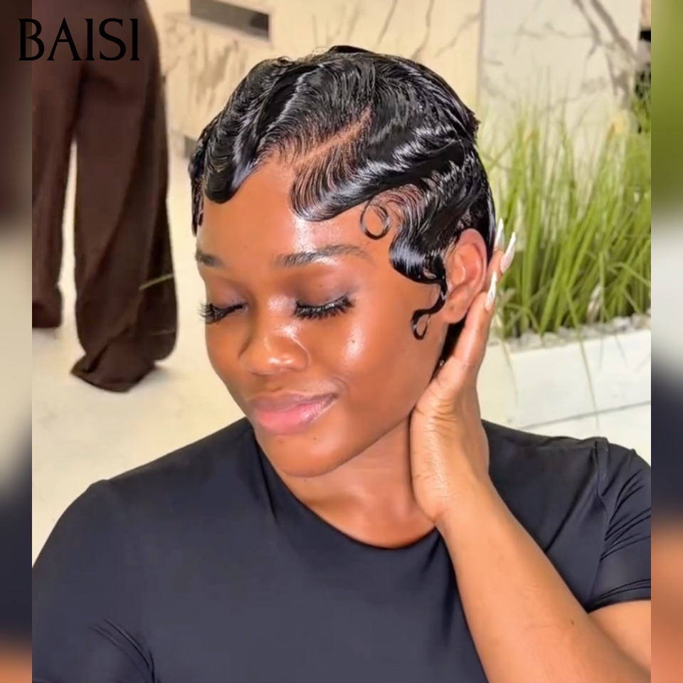 Vente flash 46€ Perruques pixie Sans Colle Fabriqué à la Machine Facile à porter ou Avec frontale 66€ en 100% Cheveux Humains for black women