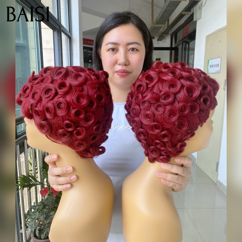 BAISI Perruque chioma pixie finger wave Fabriqué à la Machine Promotion 40€ en couleur Bordeaux en 100% Cheveux Humains