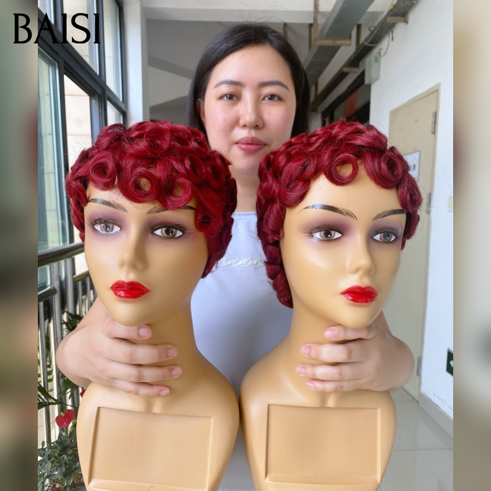 BAISI Perruque chioma pixie finger wave Fabriqué à la Machine Promotion 40€ en couleur Bordeaux en 100% Cheveux Humains