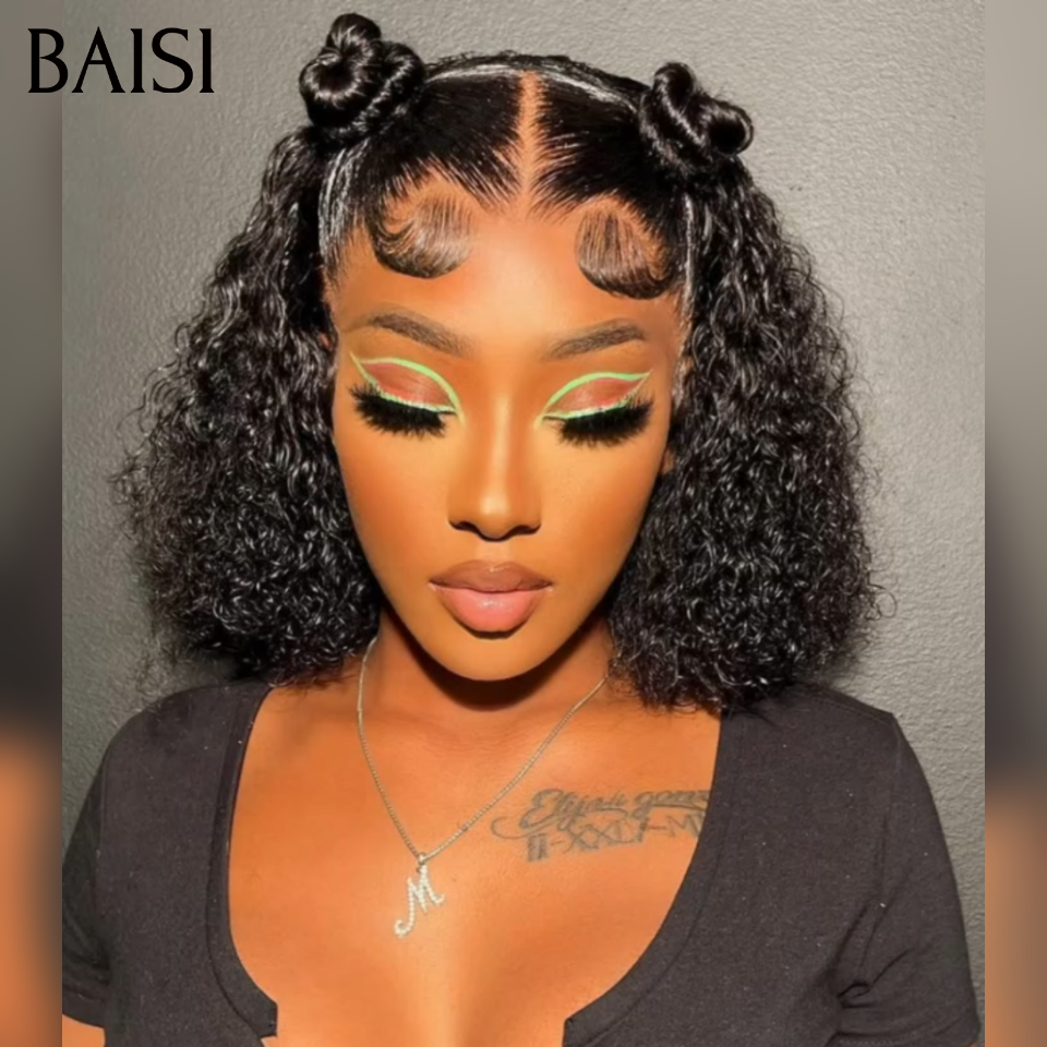 Perruque coiffée 14 pouce 99€ bob 13x4 lace frontal curly wave avec Queue de Cheval natte NOIR en 100% Cheveux Humains