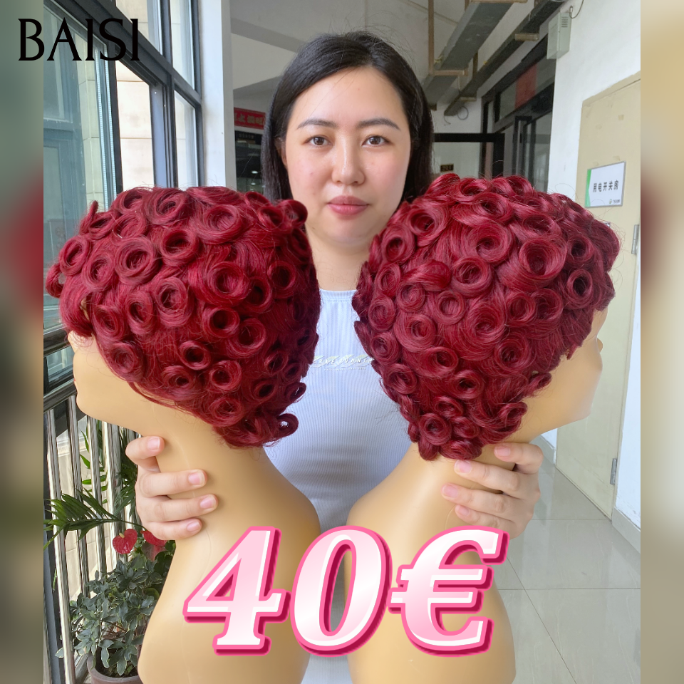 BAISI Perruque chioma pixie finger wave Fabriqué à la Machine Promotion 40€ en couleur Bordeaux en 100% Cheveux Humains