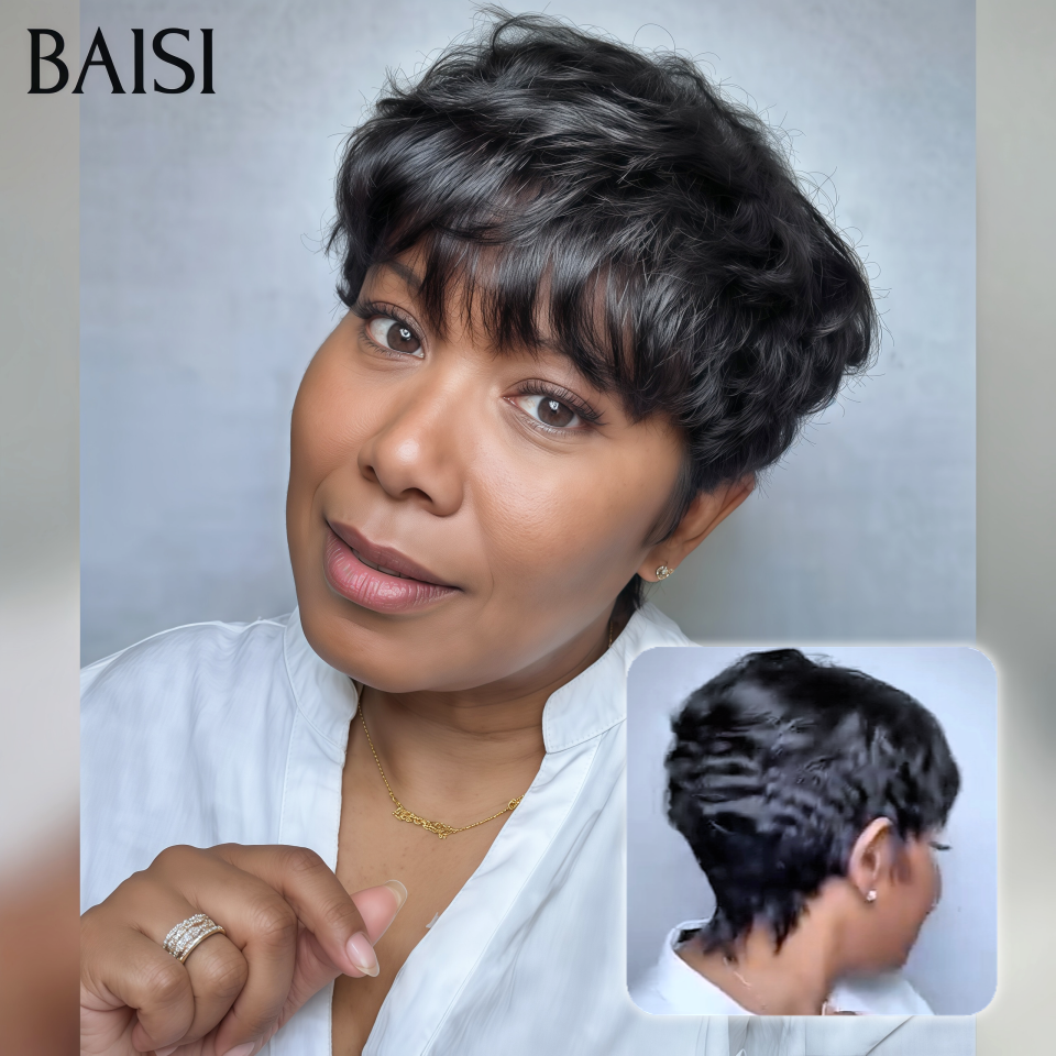 BAISI Wear et Go 45€ en France Perruque pixie straight Fabriqué à la Machine Promotion en couleur NOIR en 100% Cheveux Humains
