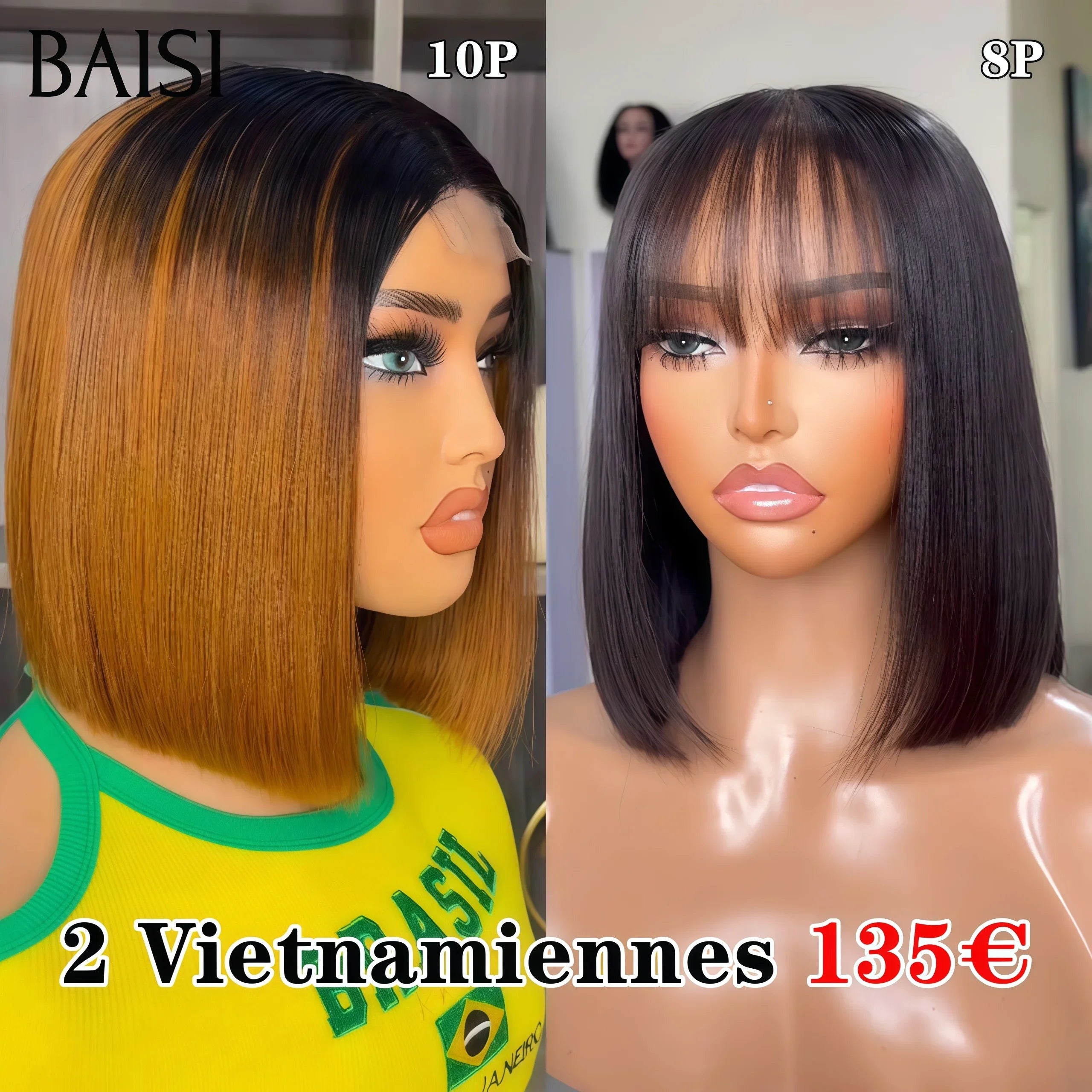 BAISI 2 perruques Vietnam Hair Flash Offer 135€ Vente en gros de luxe 2X6 lace 10 Pouces en couleur miel et lisse bob avec frange NOIR DE luxe en 100% vrais cheveux humains FR38