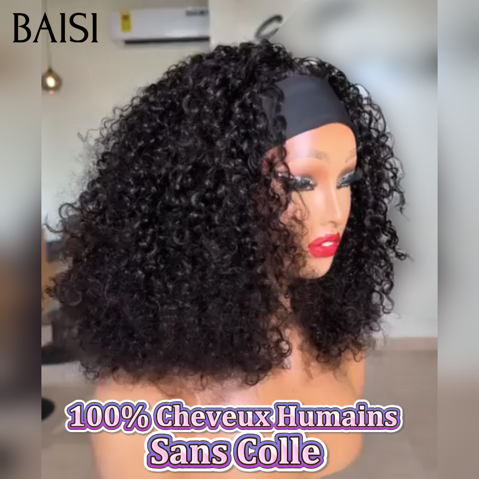 BAISI Perruque Bandeau Curly Wave Sans Colle Prêt-à-porter Fabriquée A La Machine en 100% Vrais Cheveux Humains