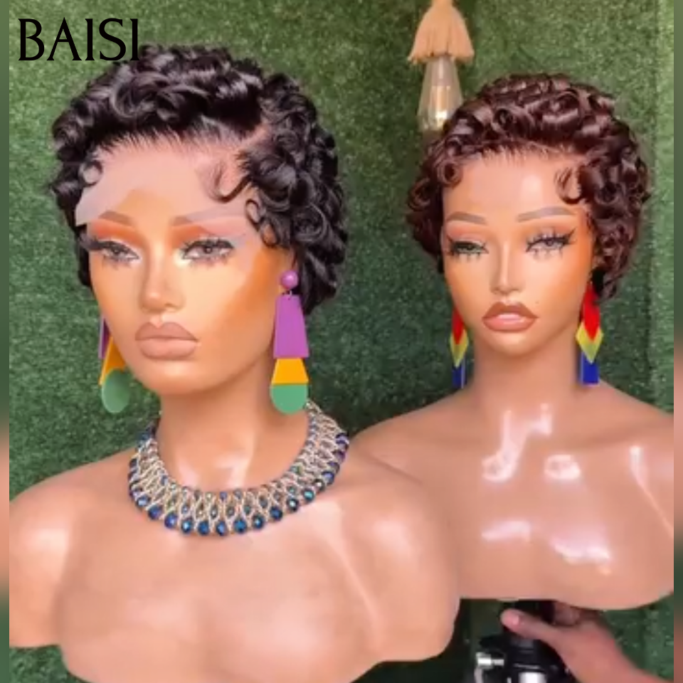 BAISI Perruque Pixie 13x4 lace frontale finger wave noir ou marron ou Lisse En Couleur Noir bleu 55€ en 100% Cheveux Humains