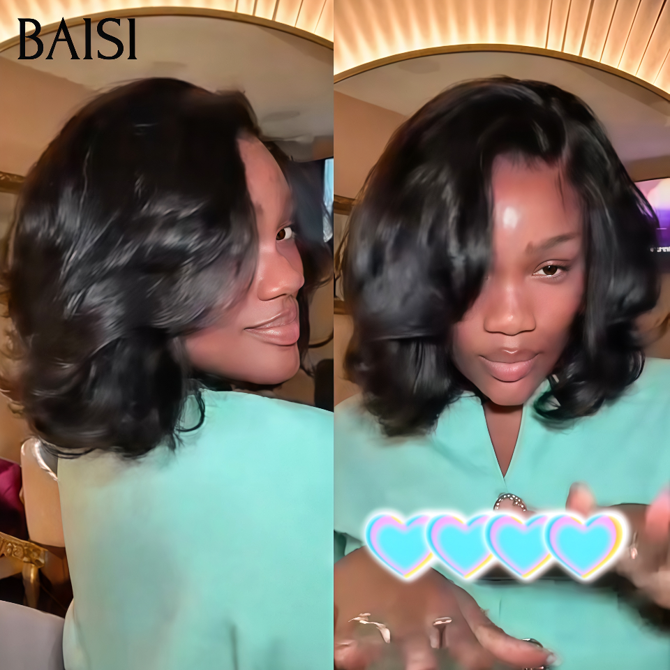 BAISI 4x4 lace closure body wave 10 pouces sans colle ou 13X4 Lace Frontal Perruque Coupe Pixie en noir 100% Cheveux Humains