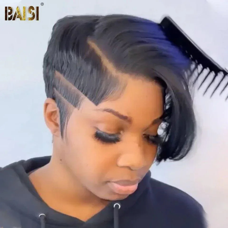 BAISI Perruque Full Lace 100% Cheveux Naturels Perruque Ondulée Coupe Pixie Full Lace Perruque personnalisée Lisse en Couleur 1B en 100% cheveux humains