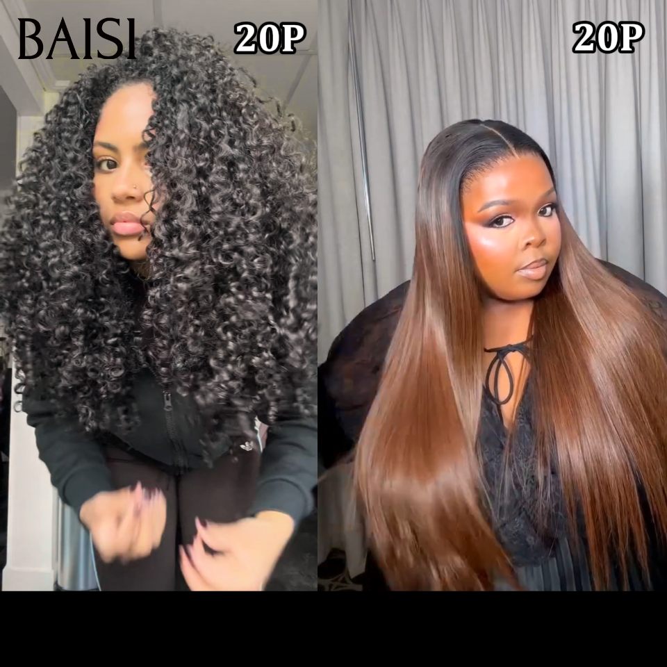 BAISI vente flash 2 Perruques 20P 220€ 13x4 lace frontale curly wave 20 pouces noir et marron 20 pouces lisse 100% human hair