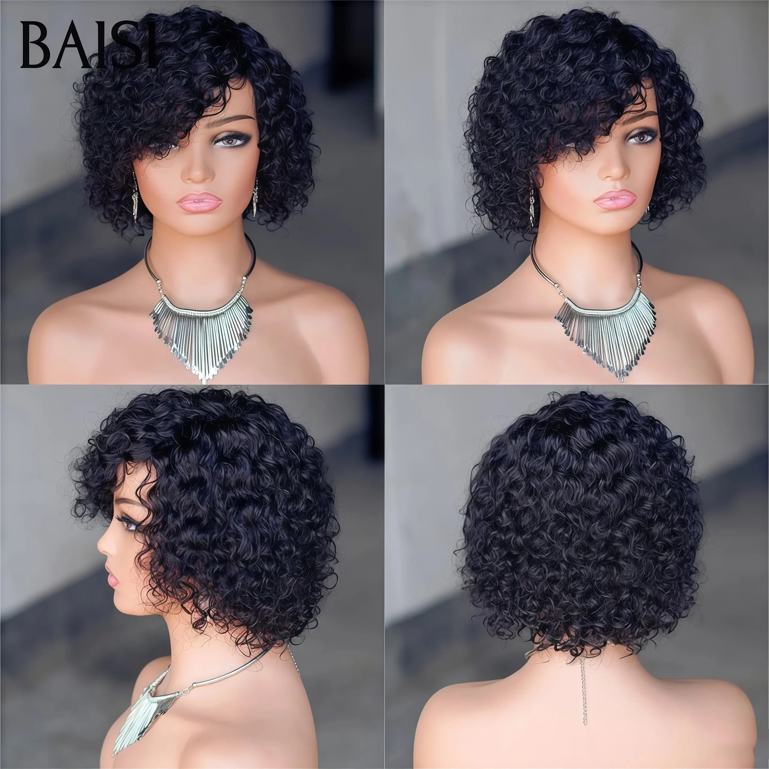 BAISI 58€ sans lace Perruque Pixie water Wave petite coupe fabriqué à la machine Moitié Prix En 100% Cheveux Humains