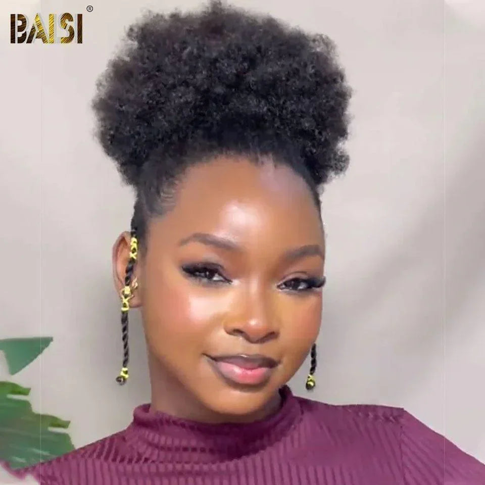 BAISI demi-perruque extension chignon ponytail 12 Pouce 109€ En Couleur Noir KINKY AFRO en 100% cheveux humains BS120