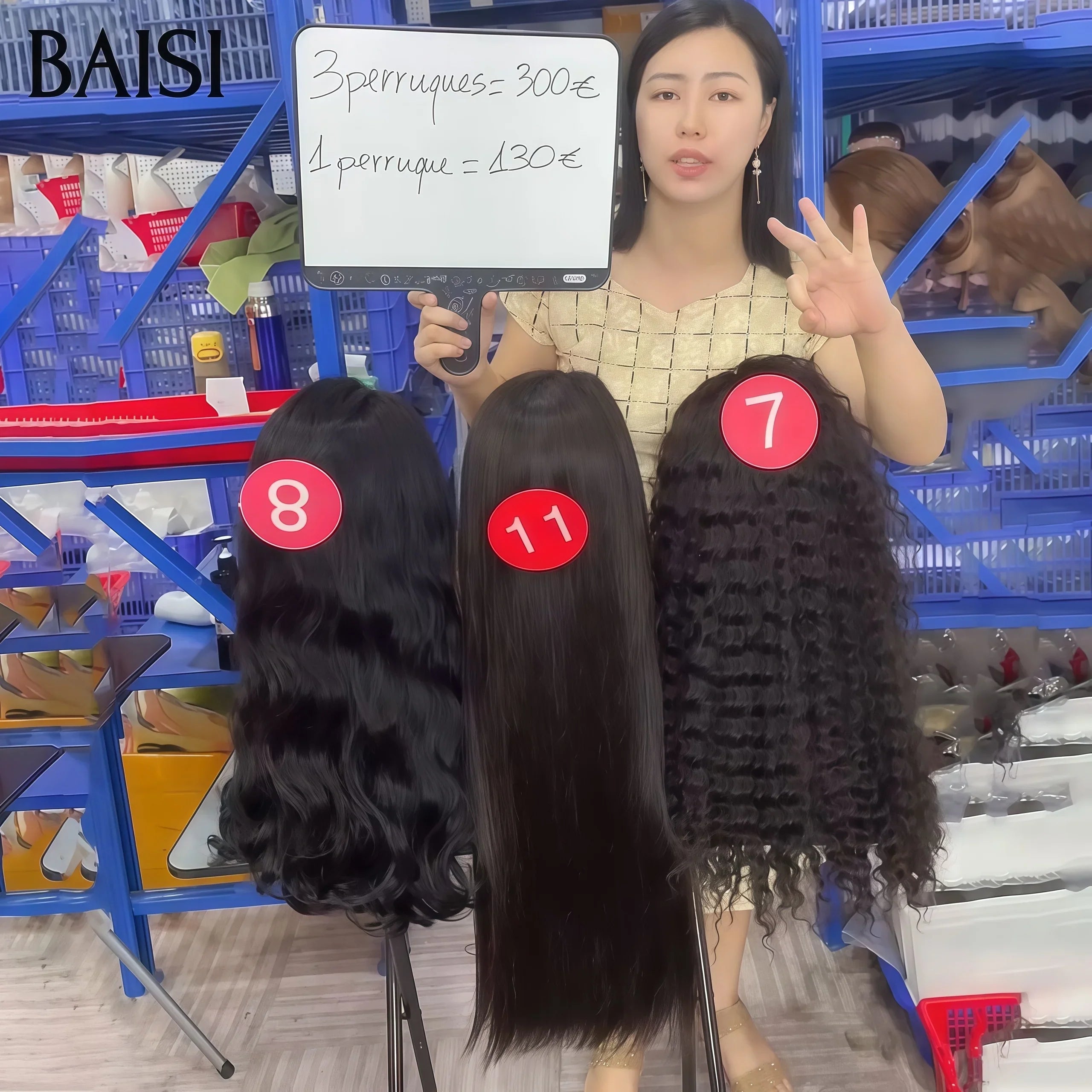 BAISI Lot de 3 perruques Flash Offer PROMOTION 300€ Vente en gros 13X4 lace 24 Pouces curly wave et body wave et lisse NOIR en 100% vrais cheveux humains BS65