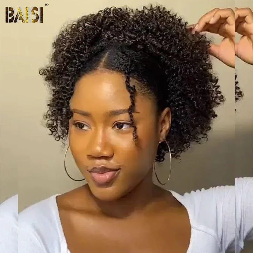 BAISI mezza parrucca coda di cavallo extension chignon 14 pollici € 129 In colore nero KINKY CURLY in capelli umani al 100% BS120