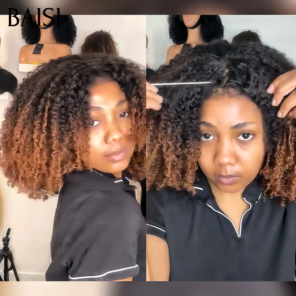 BAISI Perruque BOB Prêt-à-porter kinky curly avec Frange 14 Pouces 400% Volume couleur Marron 1BT4# sans Colle en 100%Vietnam Hair