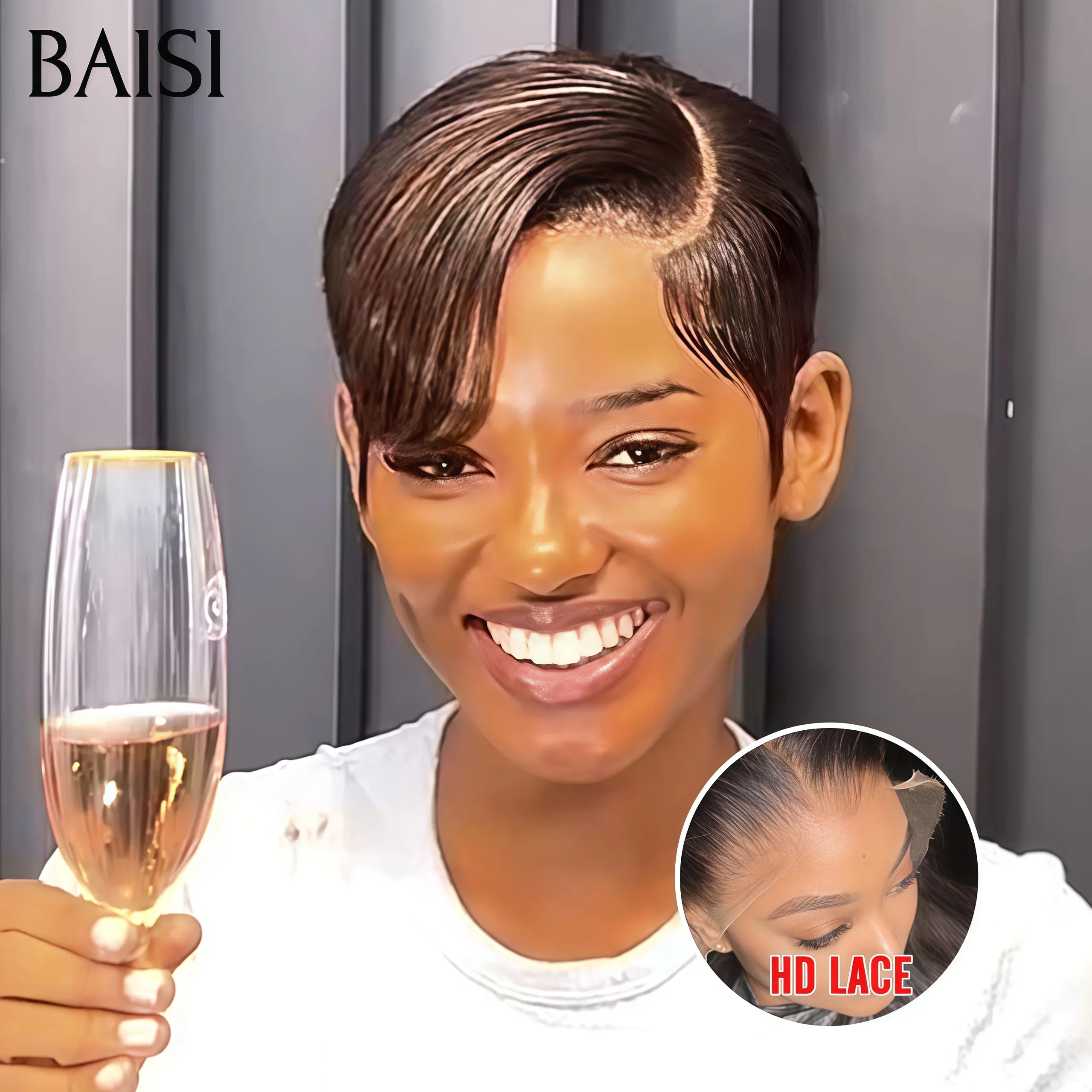 BAISI 5X5 HD perruque pixie Raie sur le côté lisse naturel 129€ en 100% Cheveux Humains