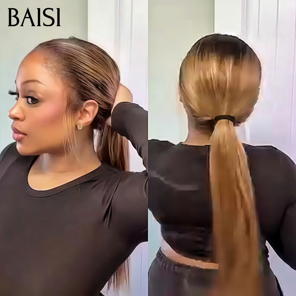 BAISI 13X4 lace frontale en Prêt-à-porter chignon bun Sans Colle Straight Perruque Lisse 99€ 4T27# marron en 100% Cheveux Humains