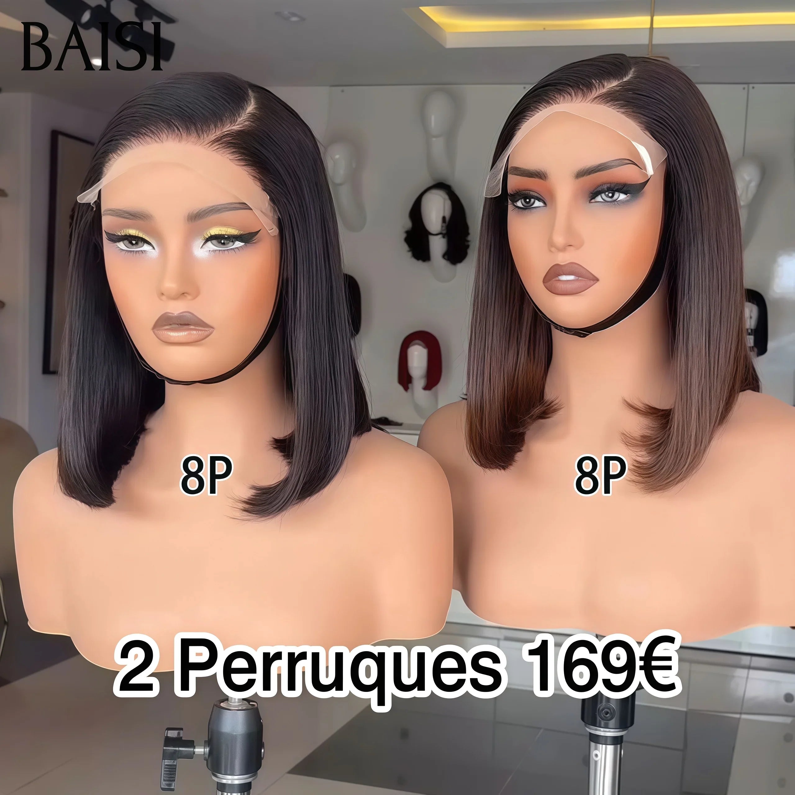 BAISI 4X4 lace Perruques 8 pouces 69€ ou 2 Perruques pour revendre 169€ 4X4 Lisse Bob en couleur NOIR et Marron 1BT4# 8 Pouces en 100% vrais cheveux humains BS65
