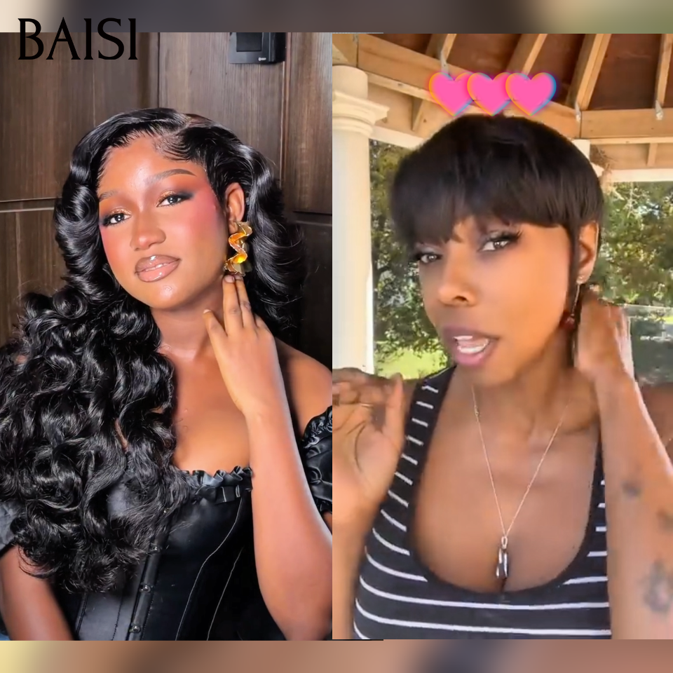 BAISI 2 Perruques 1 Longue + 1 Courte = 135€ Livraison 48H 13x4 lace frontale body wave 20 pouces et Pixie lisse perruques 100% vrais cheveux humians