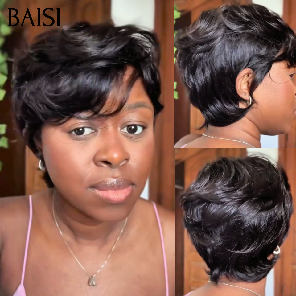 BAISI Perruque sans colle Lisse noir 1B# pixie en déjà Sans Colle 100% Cheveux Humains