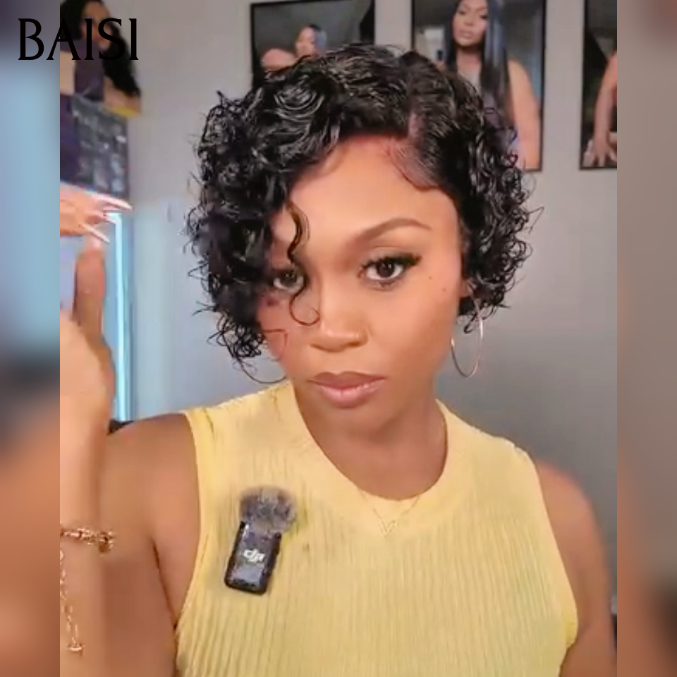 Promotion Perruque pixie curly wave 39€ ou 4X4 closure curly wave noir 1B# perruque 10 pouces 69€ closure en 100% Cheveux humain