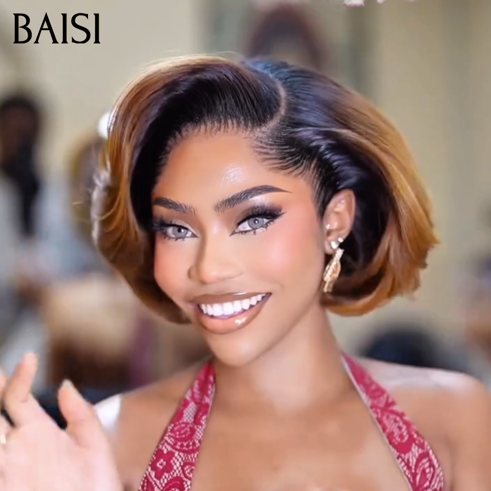 BAISI Perruque Pixie Lisse Correspondance spéciale des couleurs En couleur marron 1BT4# ou Orange mix Rouge Bordeaux 99J en 100% Cheveux Humains